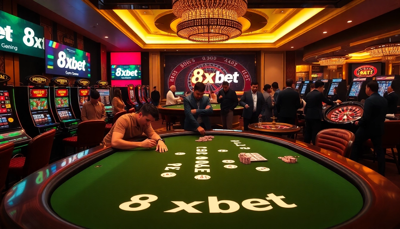 Players enjoying high-stakes poker at an 8xbet branded luxury casino.