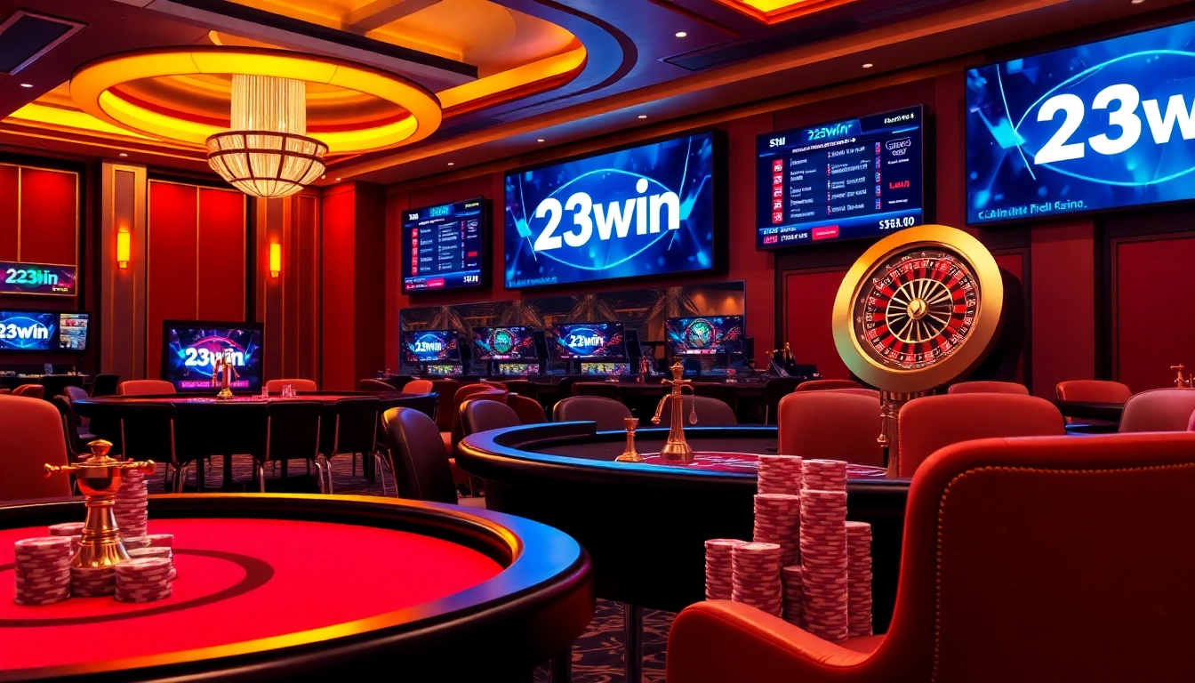 Experience the thrill at 23win's luxurious casino setup with vibrant tables and live betting.