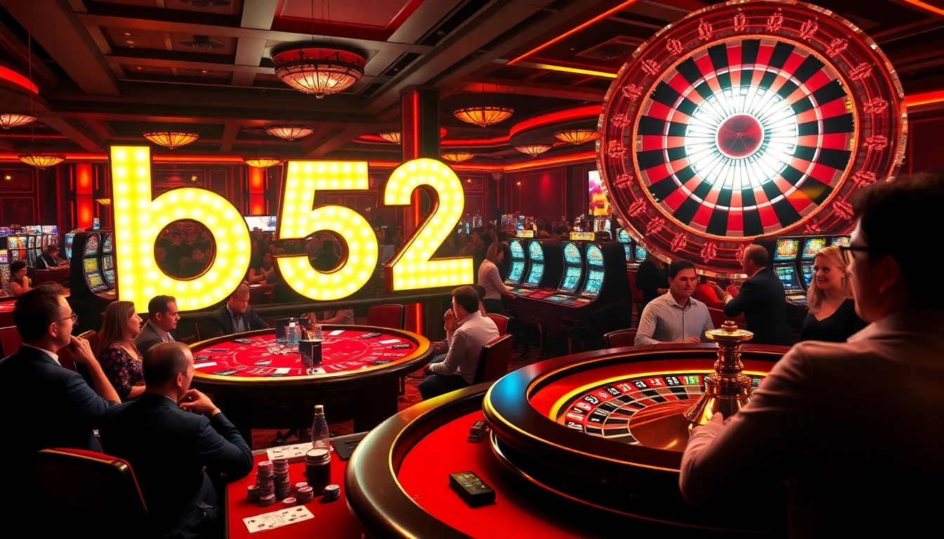 B52club casino scene showcasing excitement with poker tables and roulette wheel.