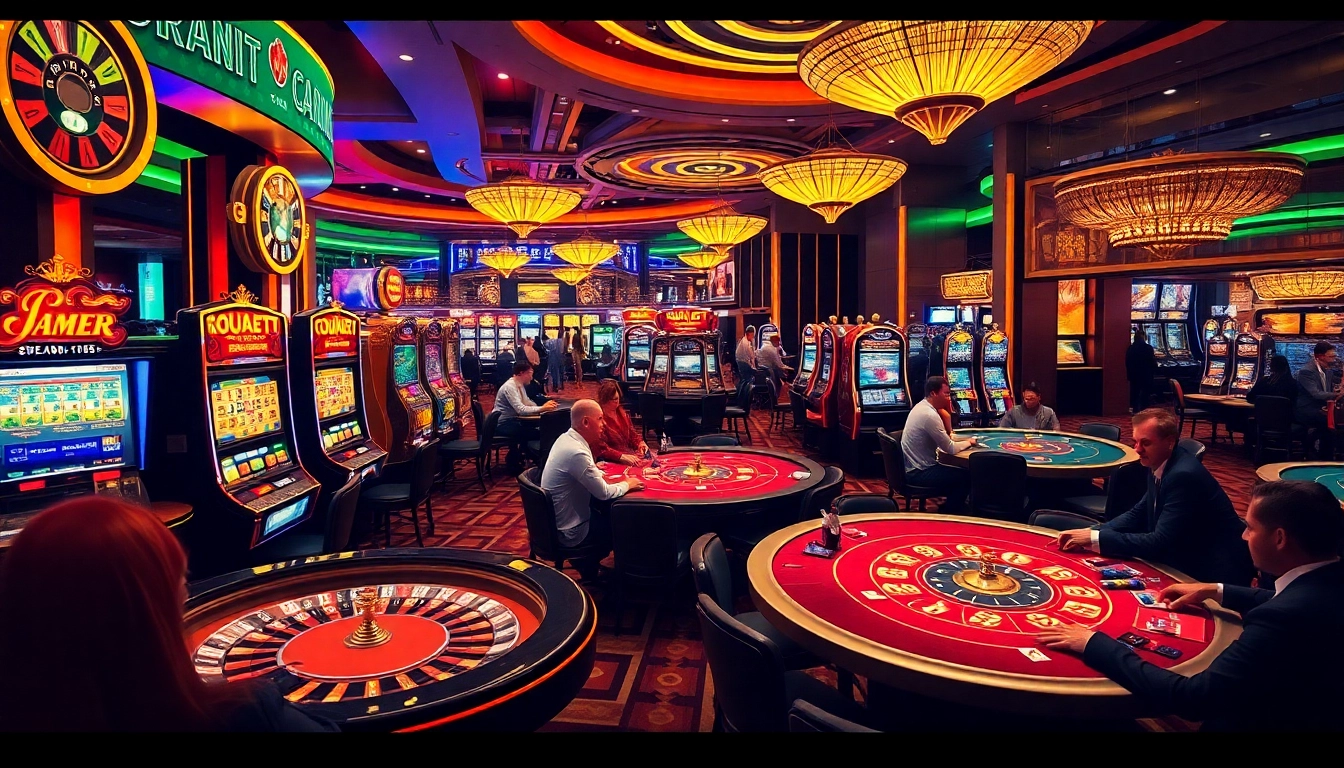A vibrant casino scene showcasing intense gameplay at https://789f00.net/ with players engaged around tables and roulette wheels.