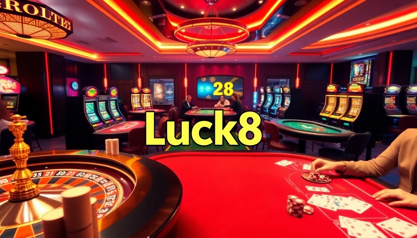 Experience the excitement of Luck8 with players engaging at vibrant casino tables filled with chips and cards.