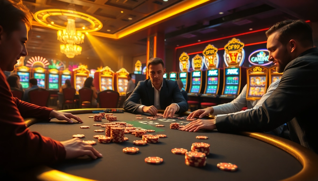 Engaged players at a high-stakes poker table featuring DF99 poker chips amidst a luxurious casino atmosphere.