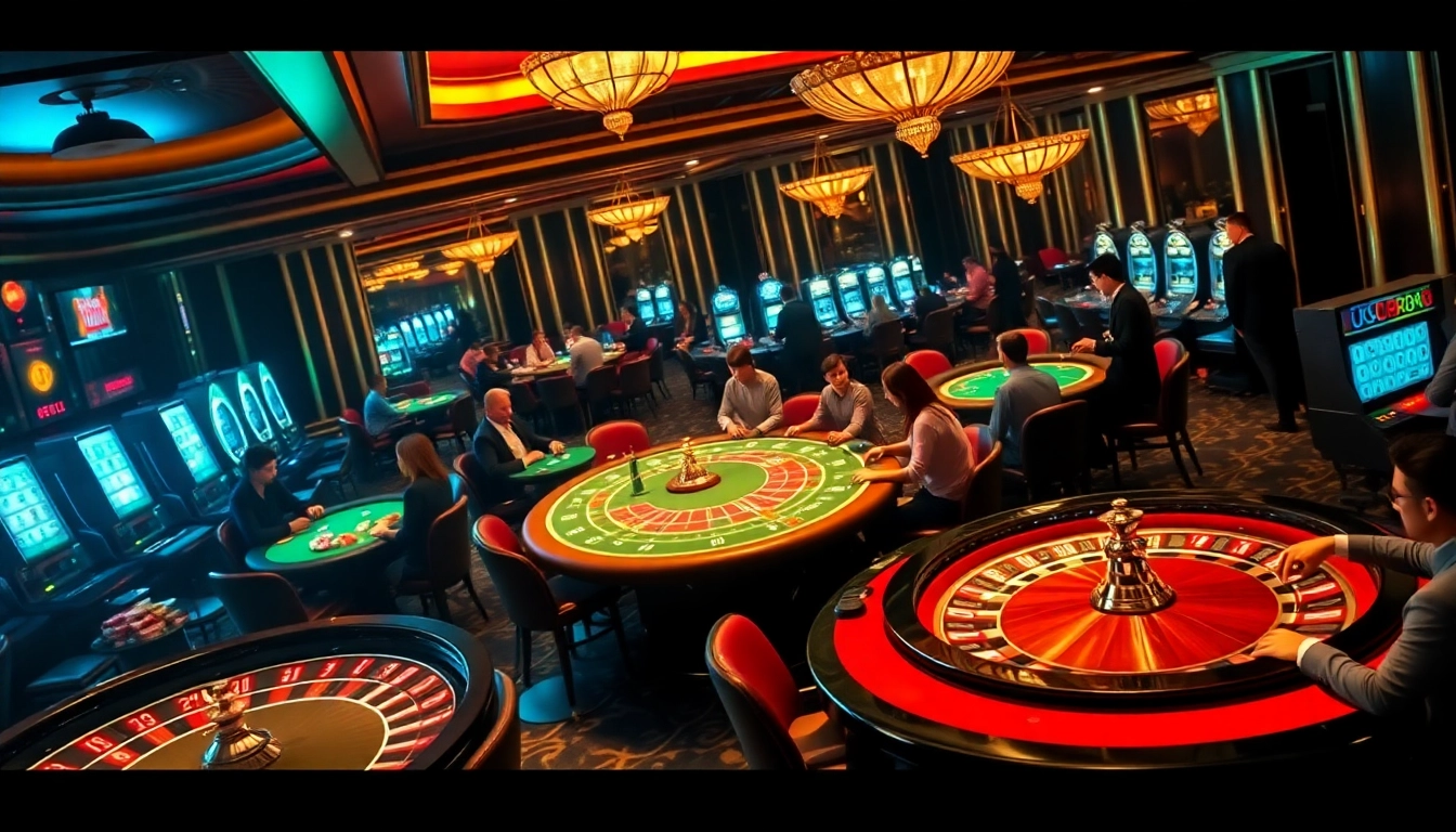 Players enjoying a thrilling gaming experience at https://u88886.com/ in a luxurious casino setting with vibrant colors.