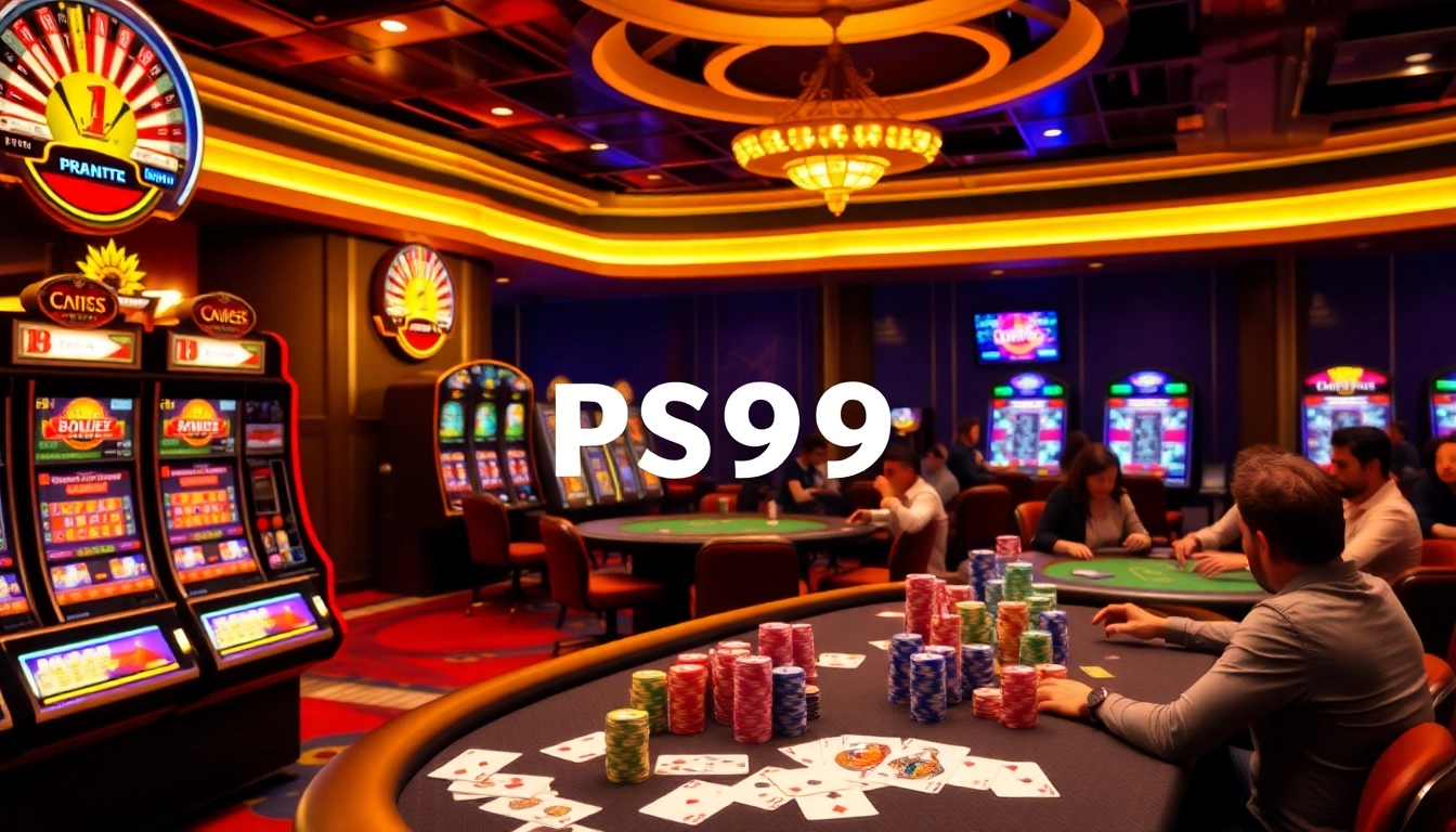 Play exciting games with link PS99 in a vibrant casino scene showcasing roulette and slot machines.