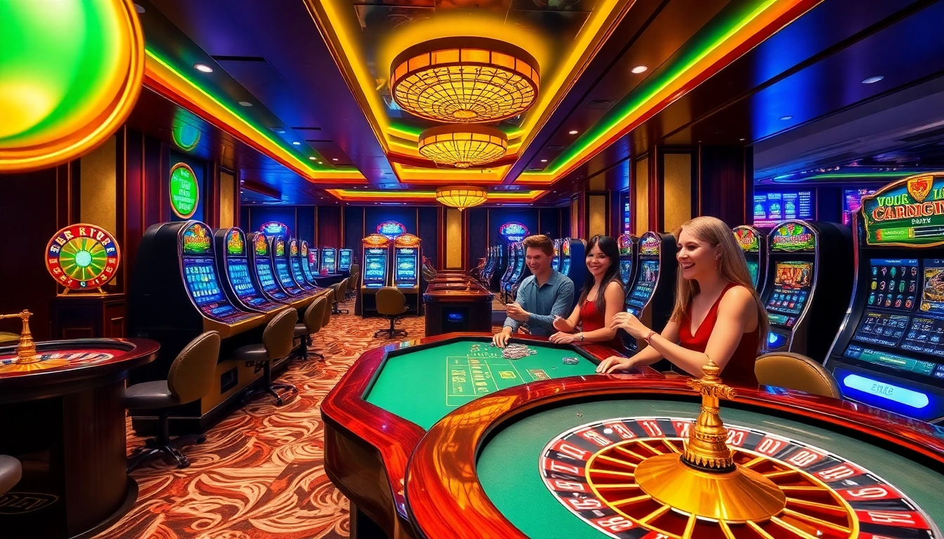 Engaging gaming scene representing excitement at https://uu88games.com/ with players at roulette and poker tables.