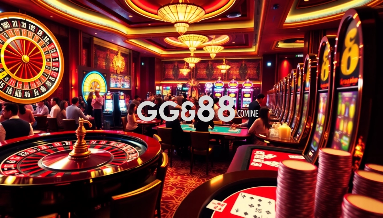 Experience thrilling gaming at GG88 COM with vibrant casino elements like roulette wheels and poker tables.
