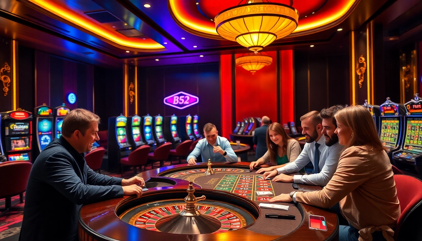 Players strategizing and enjoying a game at a luxurious casino featuring B52-themed elements.