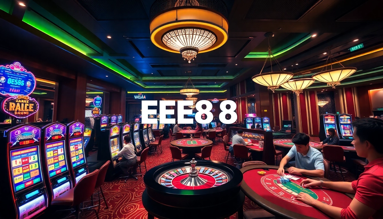 EE88 players enjoying an immersive casino experience with vibrant slot machines and thrilling games.