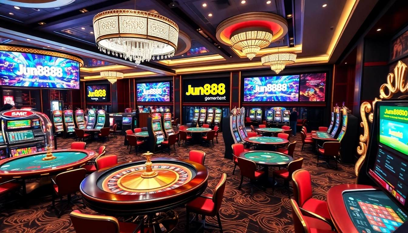 A vibrant casino scene representing https://jun88pl.com/, with players at poker tables and a spinning roulette wheel.