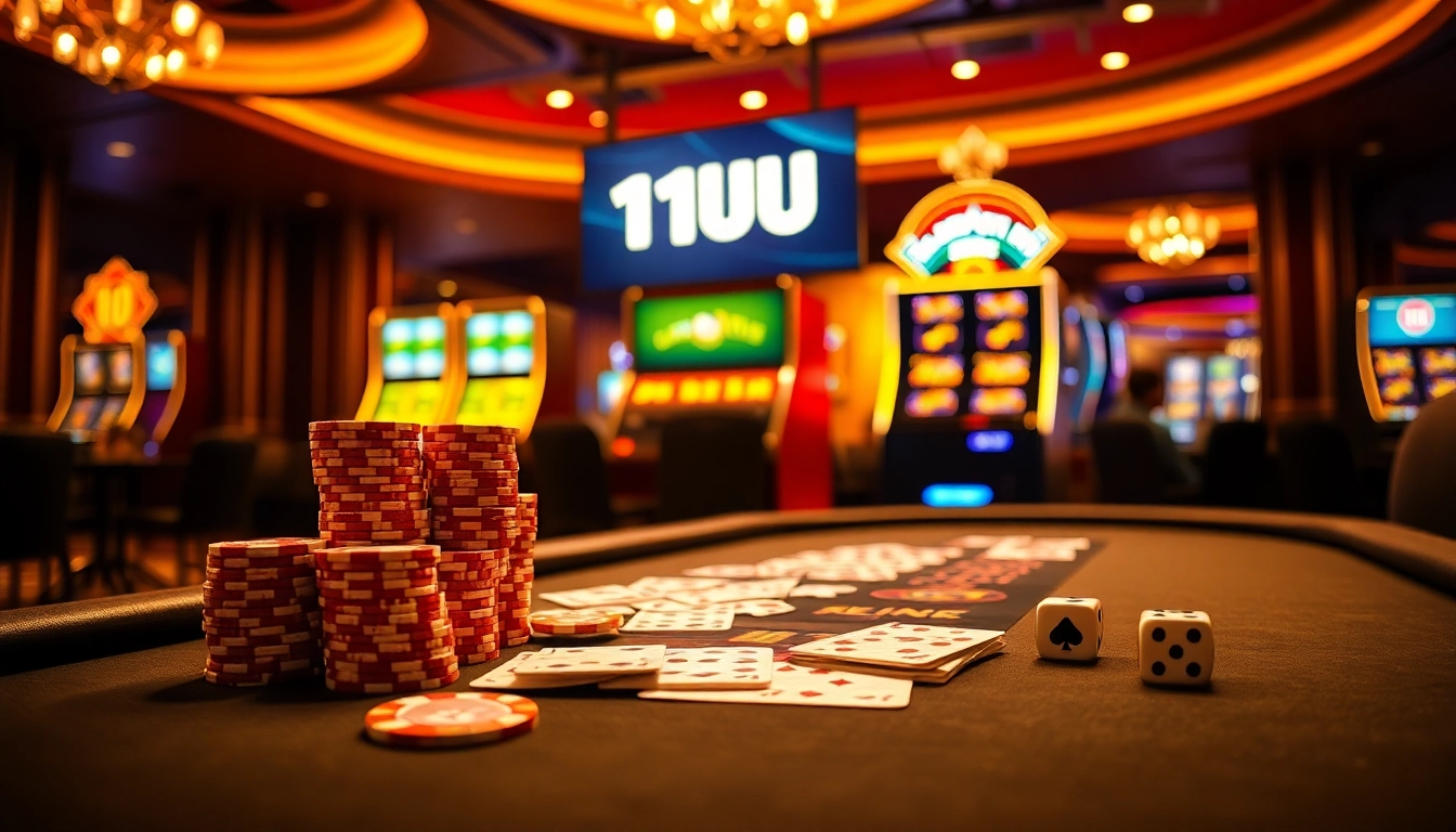 Playing poker at 11UU casino with high-quality chips and cards under luxurious lighting.