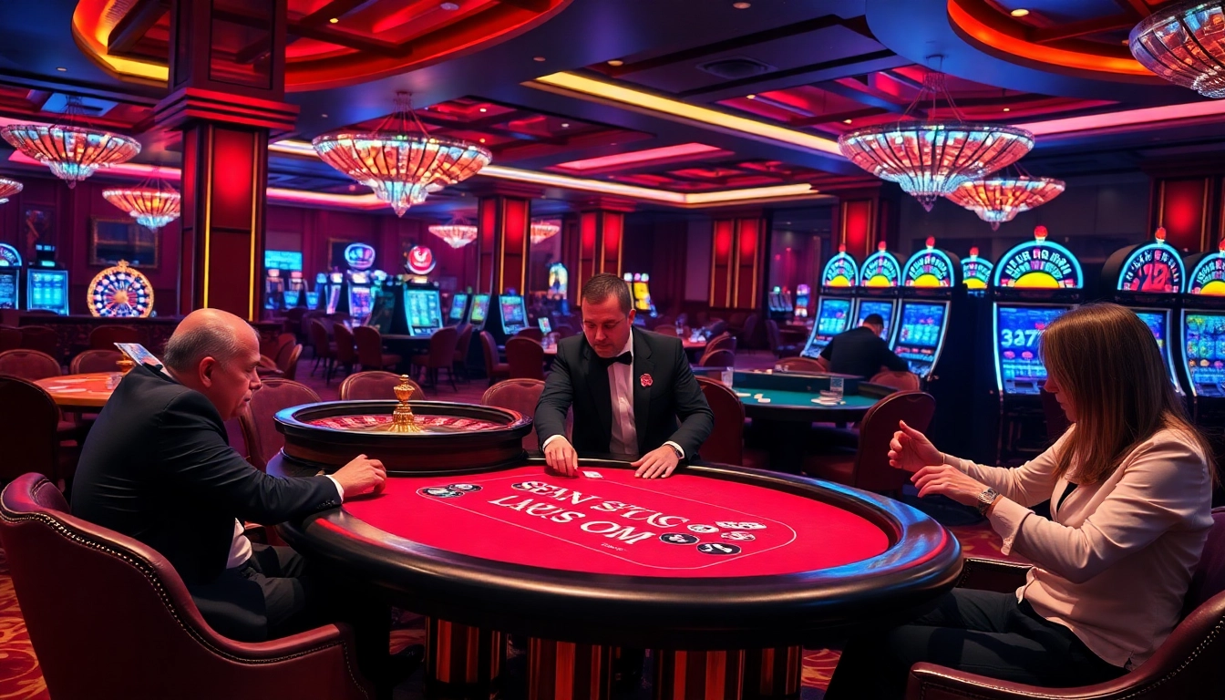 Players enjoying poker at S8.COM, illuminated by vibrant casino lights.