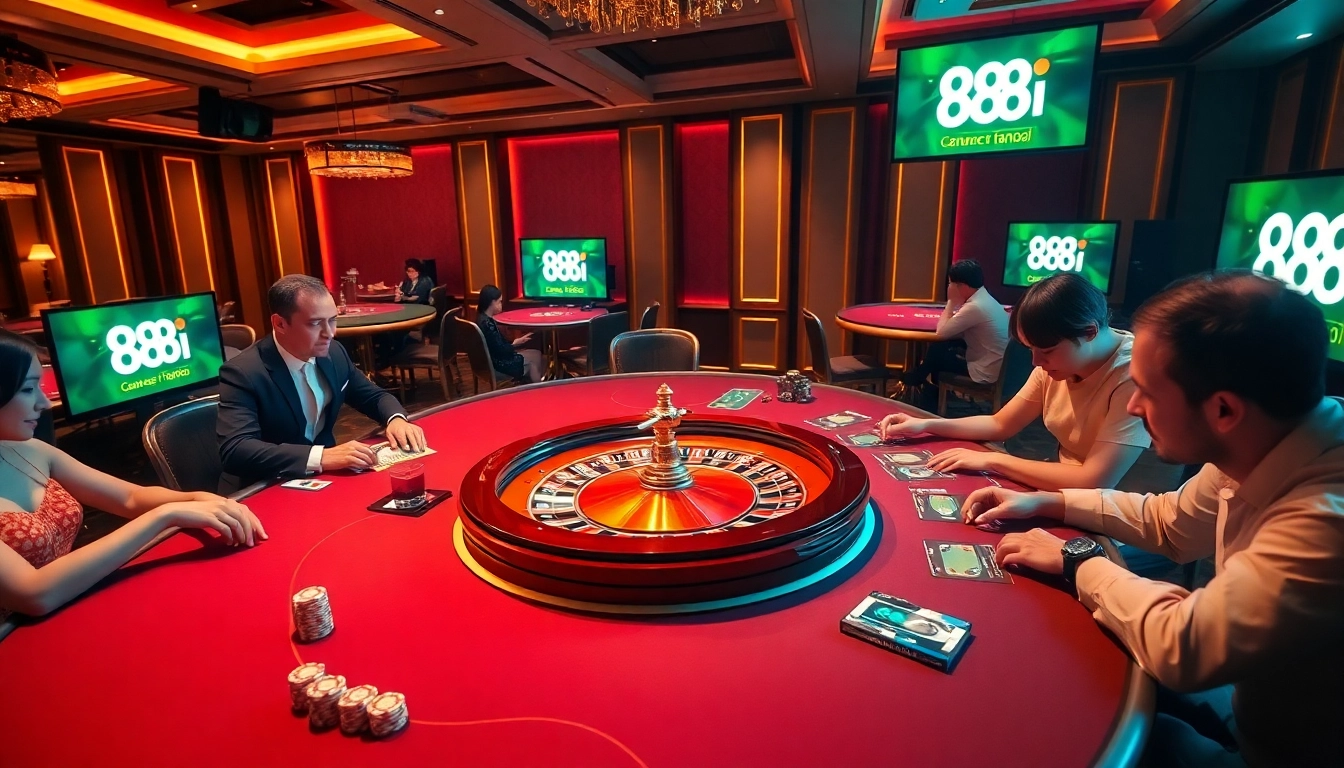 Players enjoying their time at 88i casino tables with a roulette wheel and poker chips.