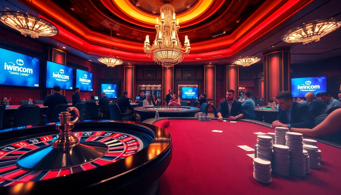 Experience the thrill of high-stakes play at https://iwincom.net/ casino with poker chips and a roulette wheel.