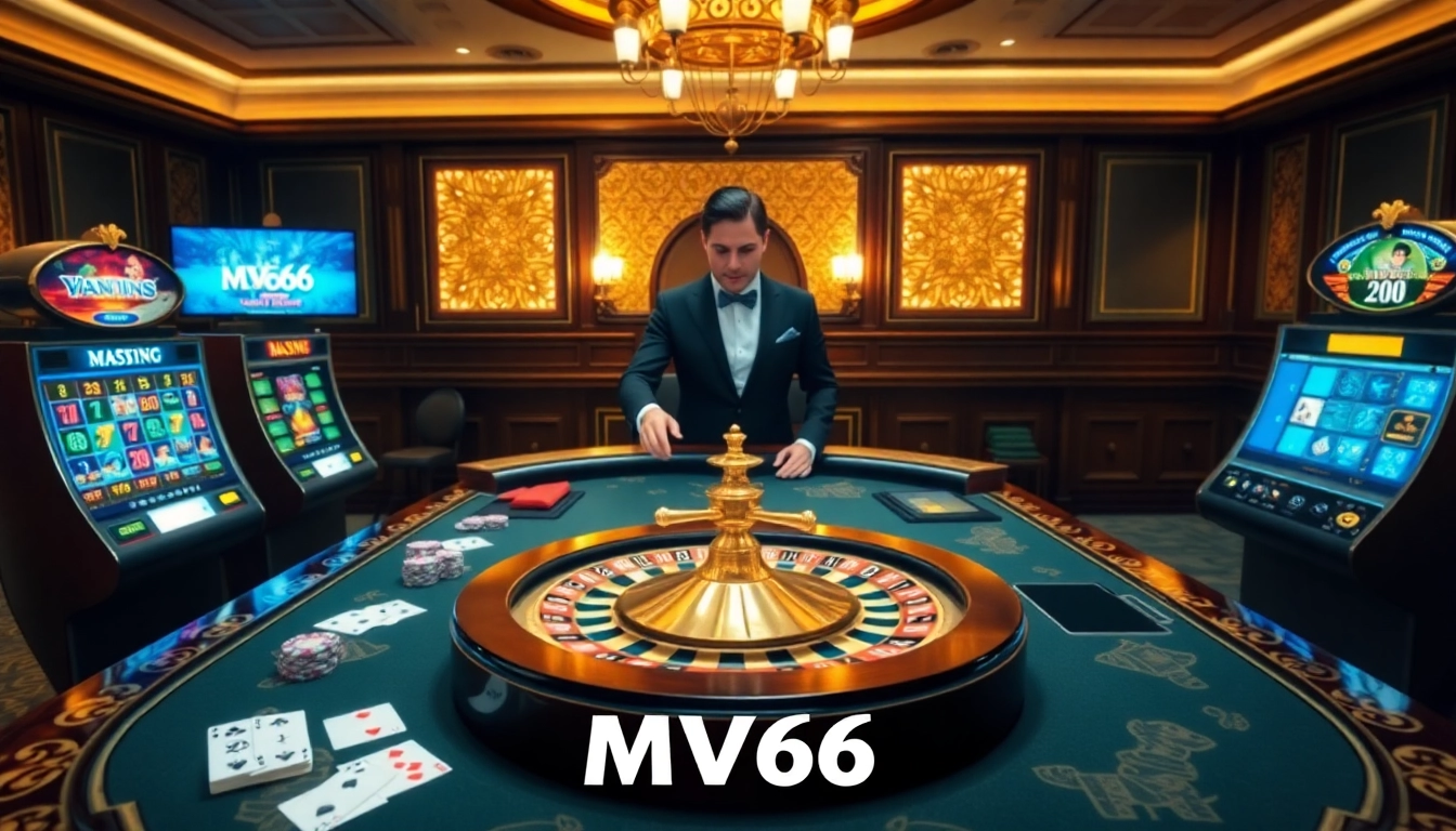 Join the excitement at MV66 with poker chips, cards, and vibrant slot machines in a luxurious casino.