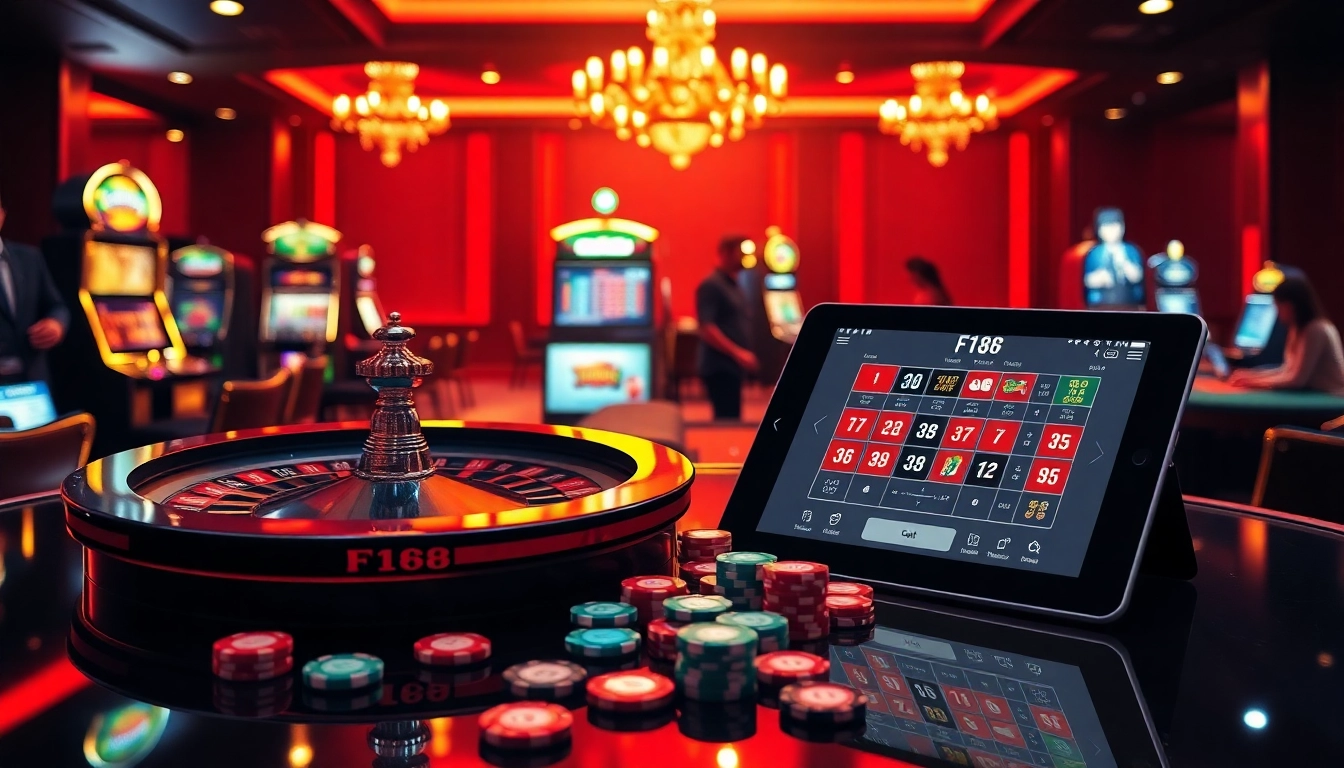 Experience the thrill at F168's elite casino with a roulette wheel and vibrant gaming ambiance.