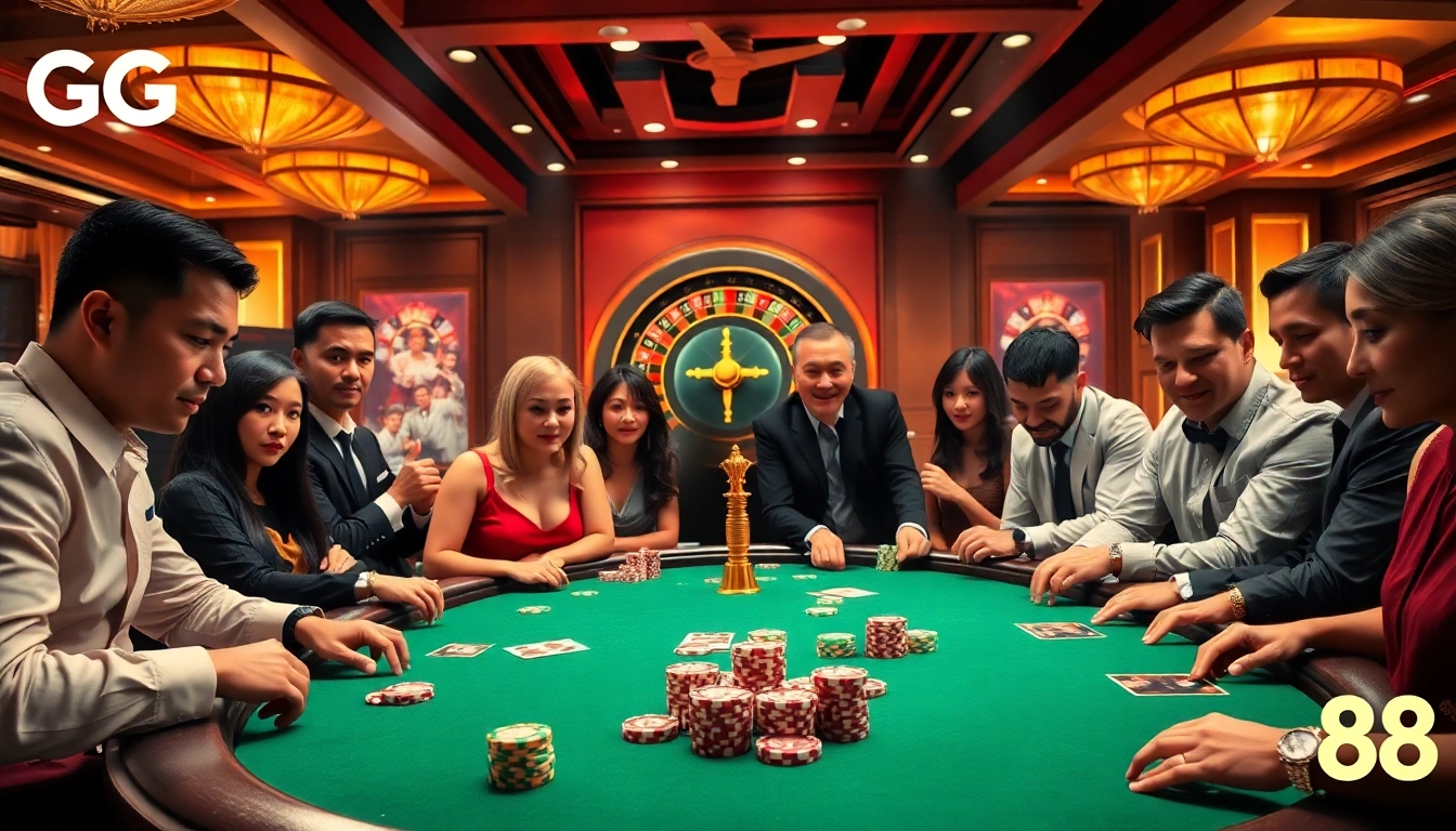 Experience the thrill of GG88 with players enjoying an exciting poker game at a luxurious casino table.