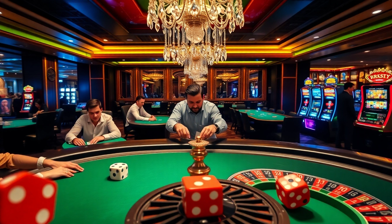 High-stakes gambling action at a casino showcasing https://go88vn.asia/ poker tables and vibrant slot machines.
