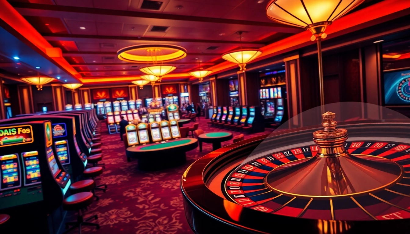 Kuwin casino scene with engaging players at poker tables and colorful slot machines.