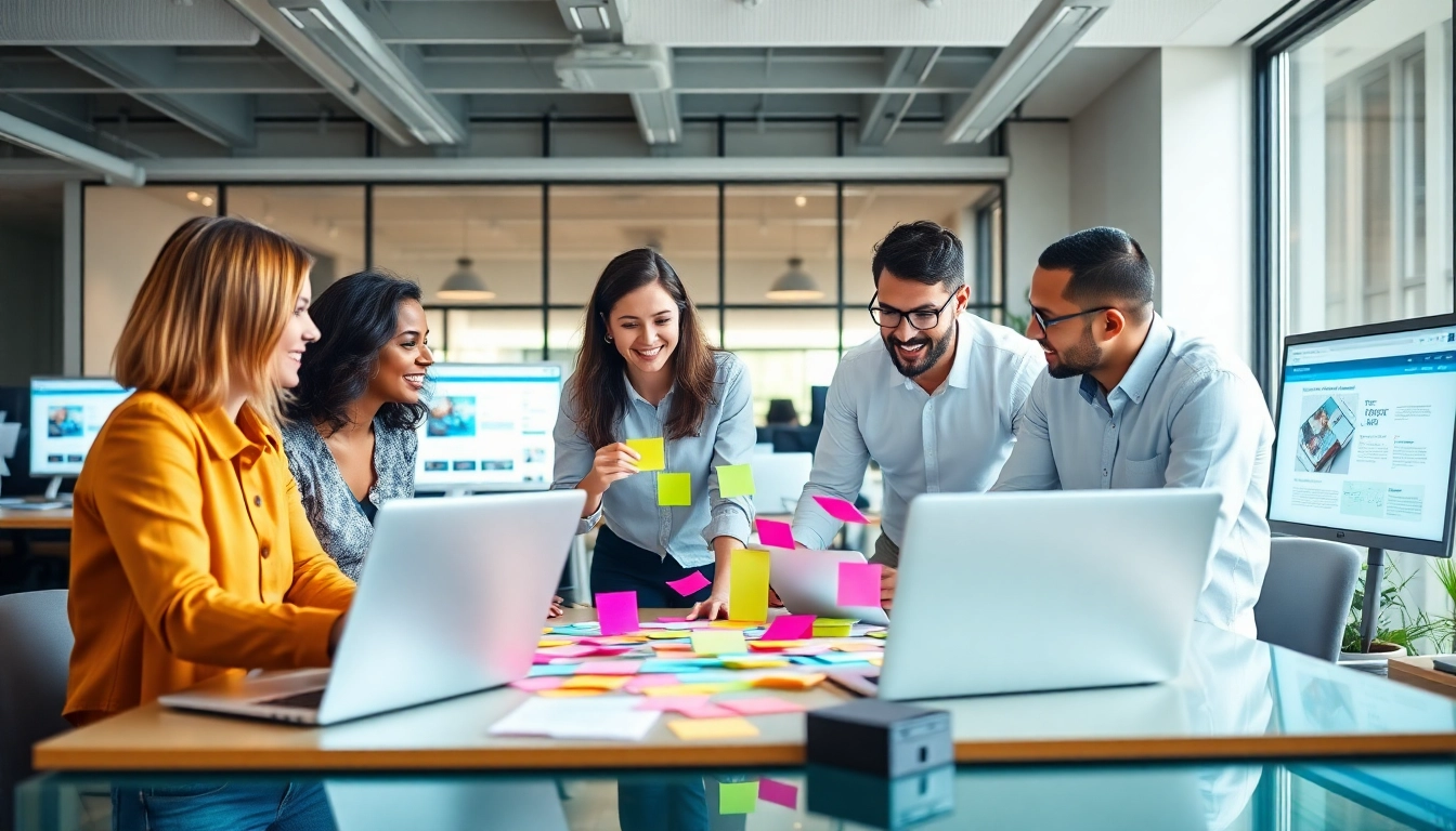 A team at a website development agency collaborating on creative digital solutions in a vibrant office.