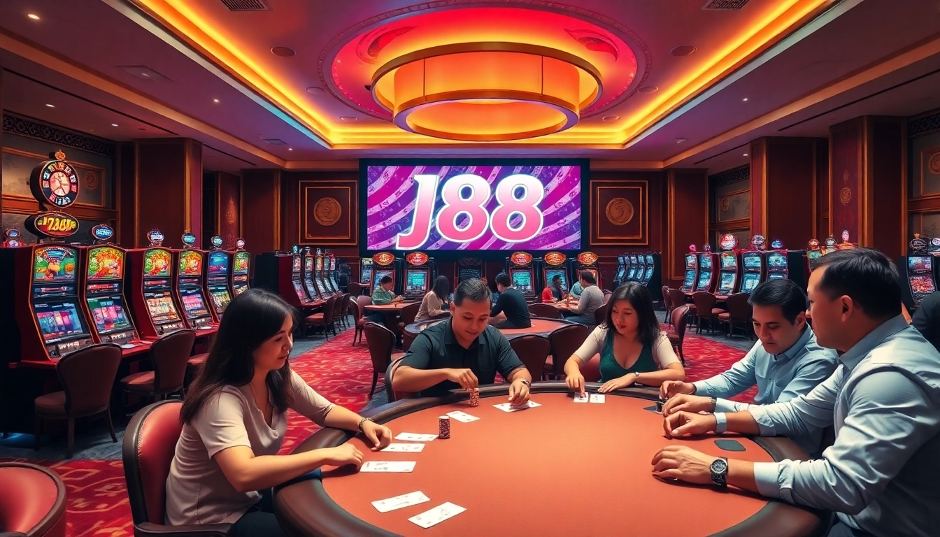 Players enjoying a thrilling night at the j88 casino, surrounded by vibrant slot machines and elegant poker tables.