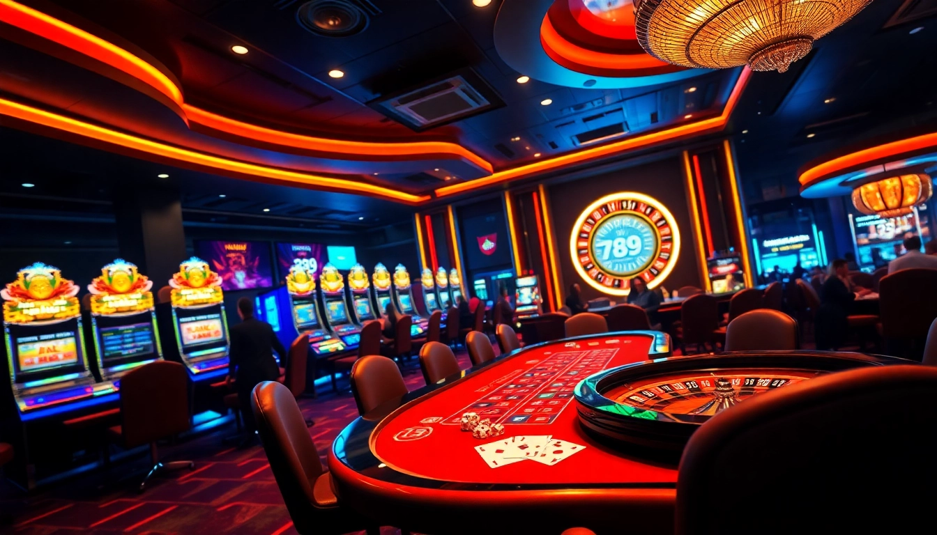 Exciting gameplay at 789club with vibrant casino tables, poker chips, and a roulette wheel.