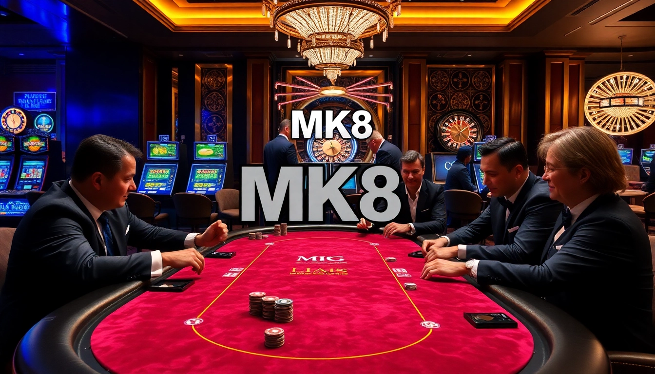 Engaged players enjoying a high-stakes poker game at MK8 casino, with vibrant chips and cards.