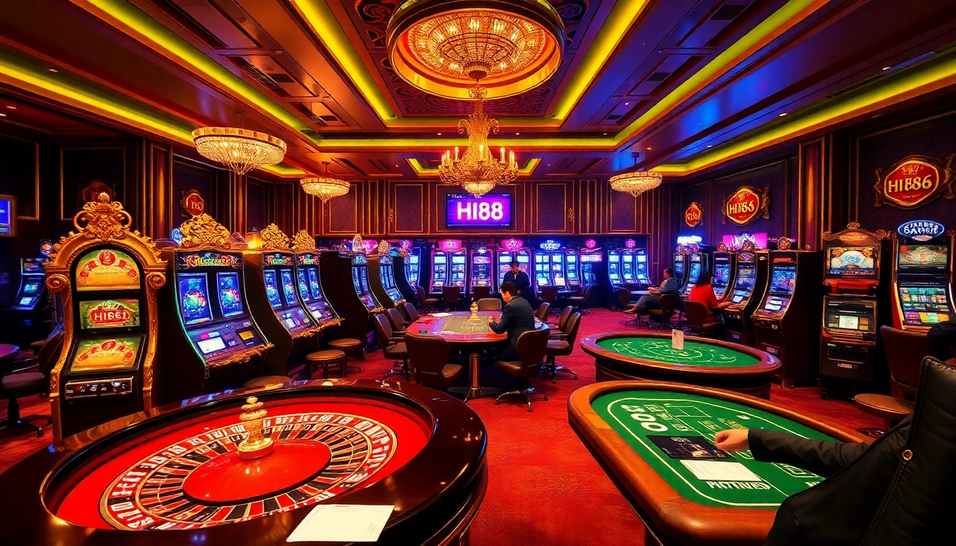 Engage in thrilling games at Hi88 with luxury casino tables and vibrant slot machines.