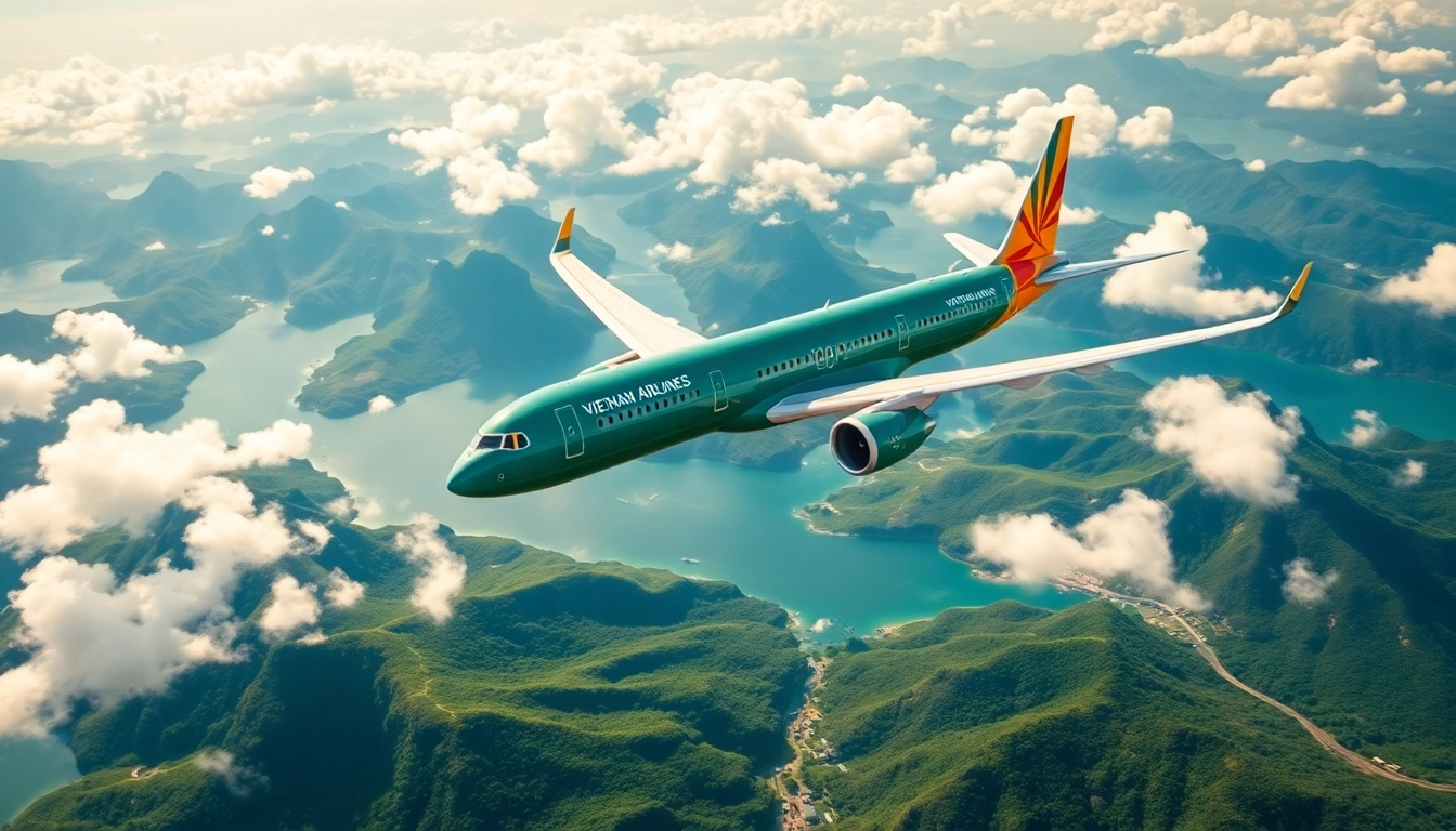 Vietnam Airlines flight VN168 flying over scenic Vietnamese landscapes, inspiring travel excitement.