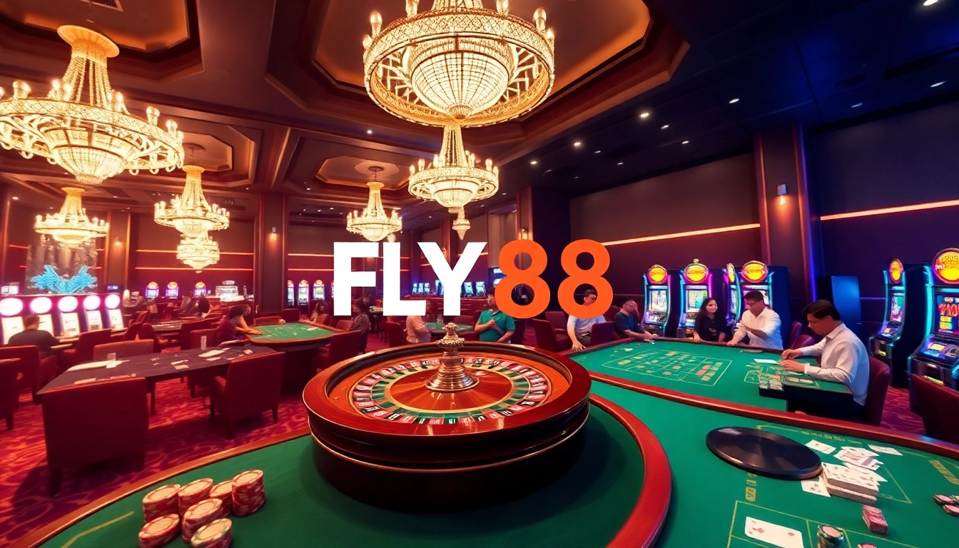 Experience FLY88 excitement as players engage with vibrant casino tables and roulette wheels in a luxurious setting.