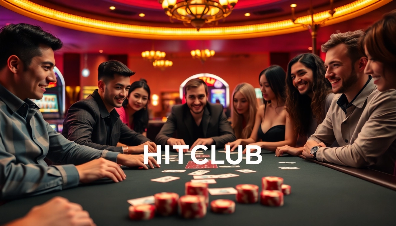 Exciting gaming action at HITCLUB casino with players and vibrant slot machines.