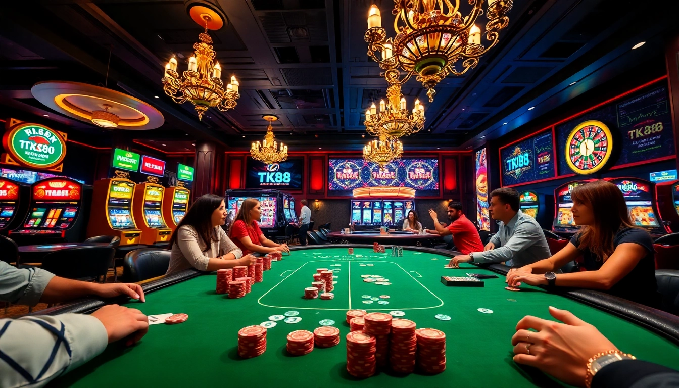 Players enjoying high-stakes games at a luxurious casino table featuring TK88 branding.