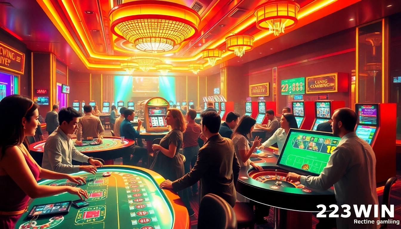 Experience the excitement of 23WIN with a vibrant casino scene showcasing diverse players and dynamic gaming options.
