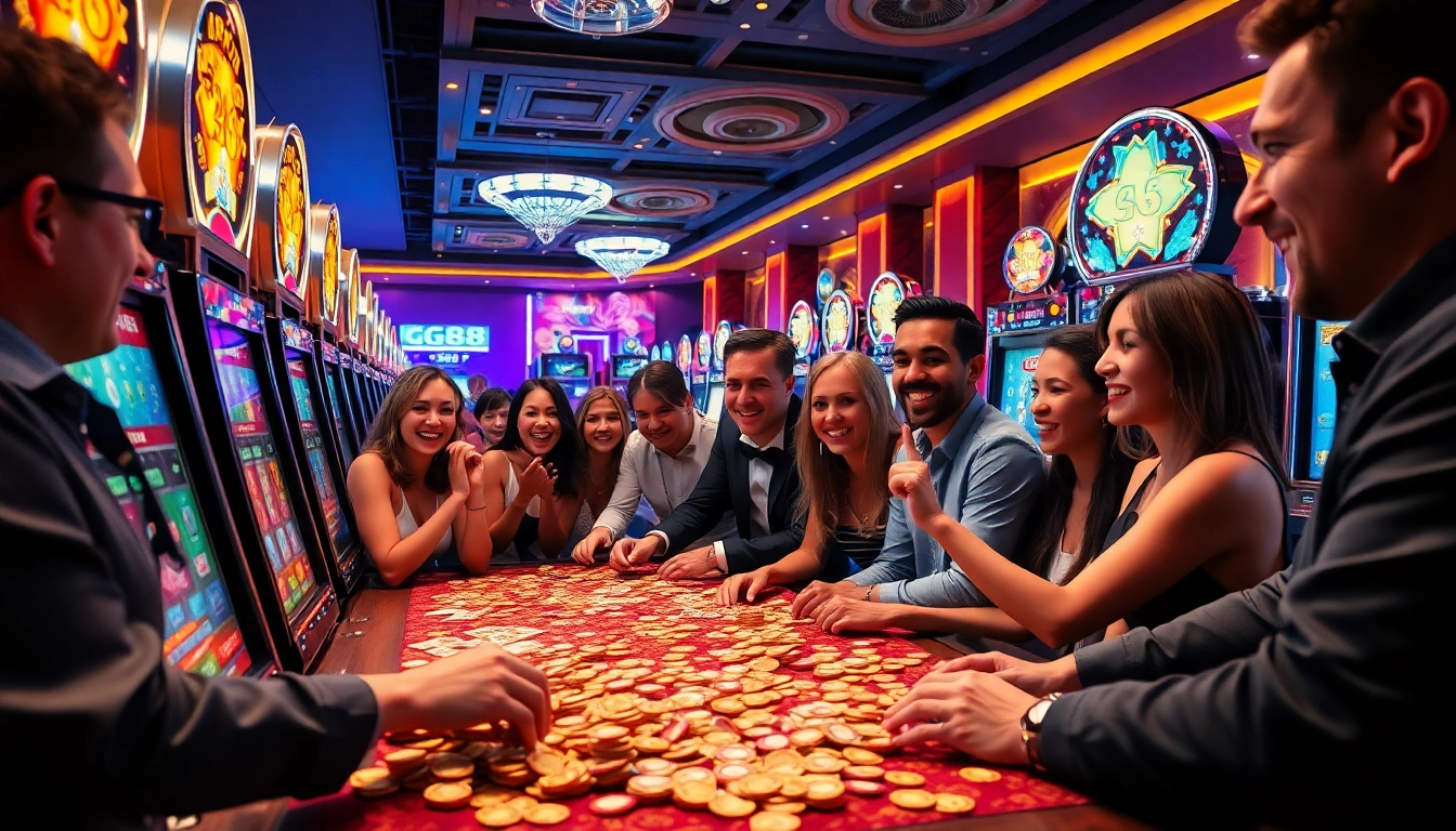 Players celebrating near the pg88 slot machines during a thrilling casino night.