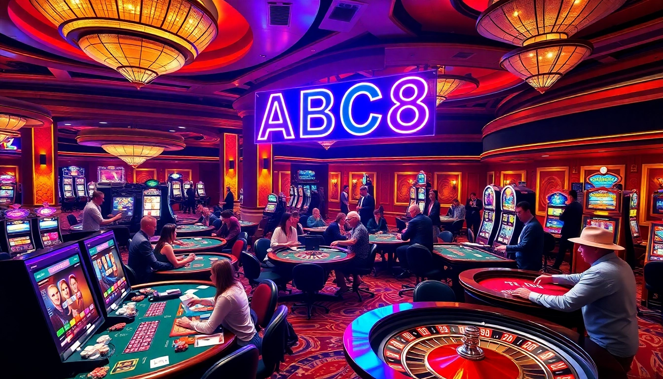 Experience the excitement of casino gaming featuring ABC8 and vibrant tables filled with players.