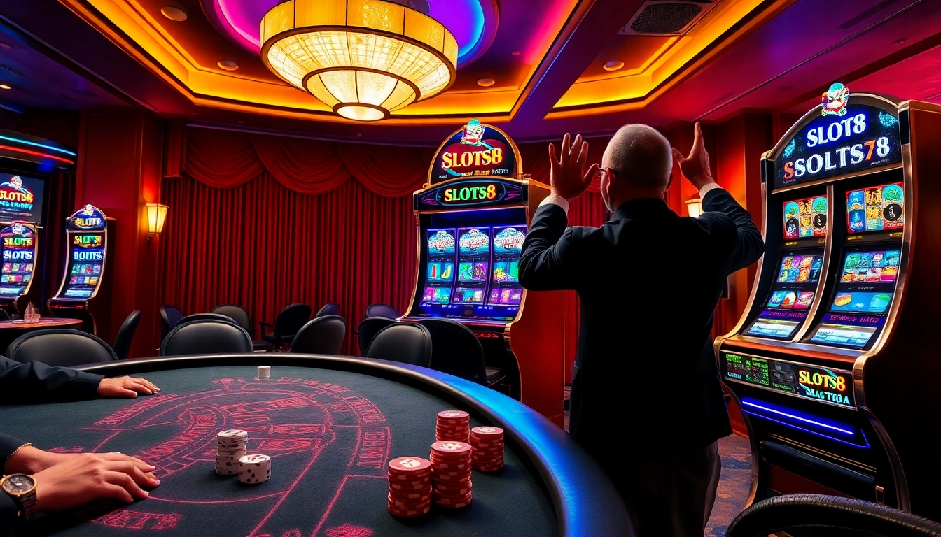 SLOTS8 slot machine illuminated in a vibrant casino, showcasing a player celebrating a win.