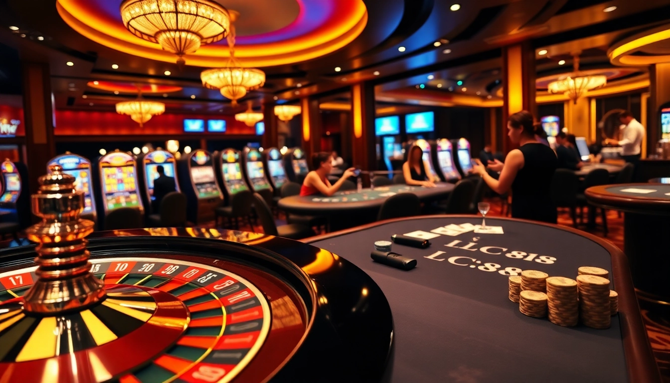 Thrilling gambling scene at LC88, showcasing a roulette wheel and lively casino atmosphere.