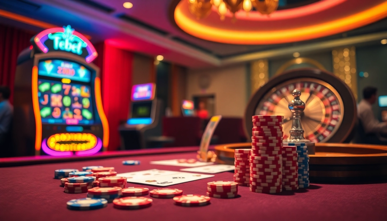 Febet online casino scene showcasing poker action and vibrant slot machines.