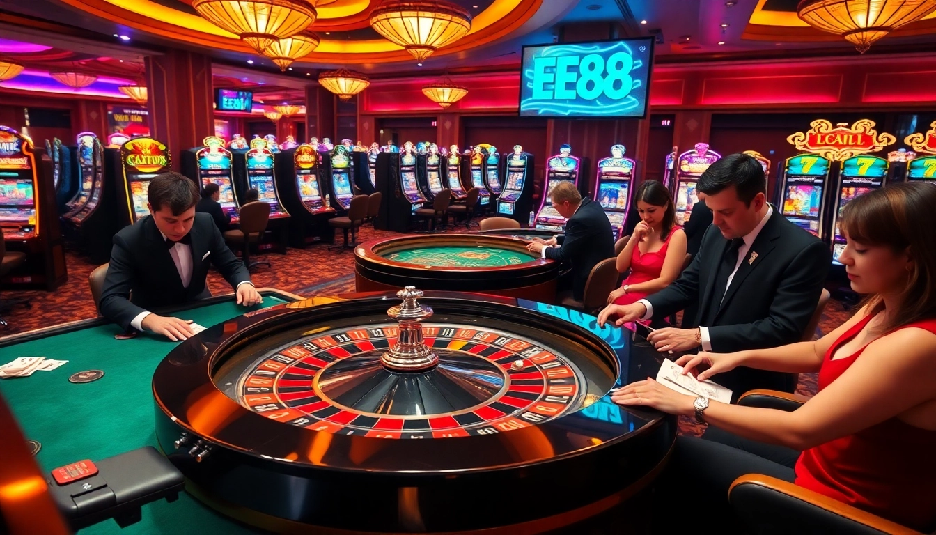 Experience the thrill of gambling at EE88 with a dynamic casino scene showcasing roulette and poker.