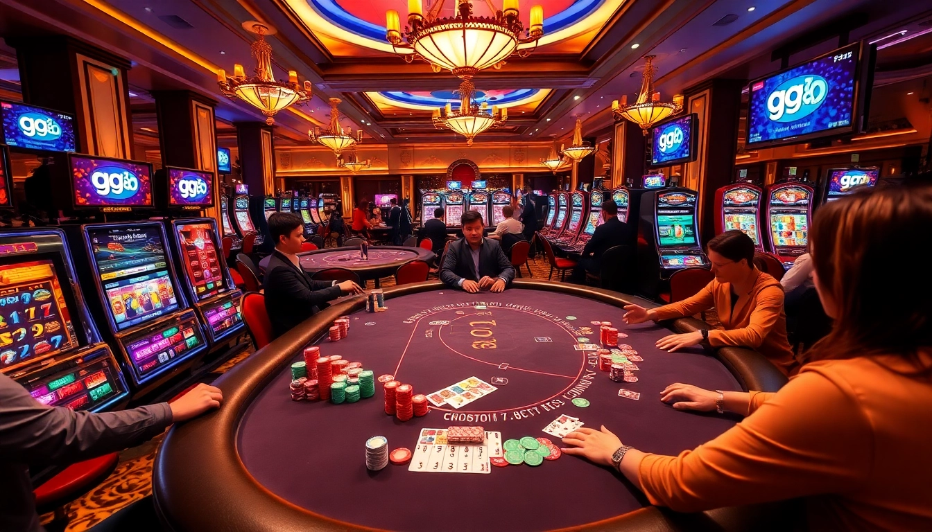 Players enjoying the excitement of gambling at GG 88 casino tables surrounded by vibrant slot machines.