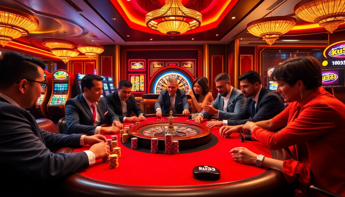 Experience the excitement of gambling at ku3933, a vibrant casino scene with poker tables and slot machines.