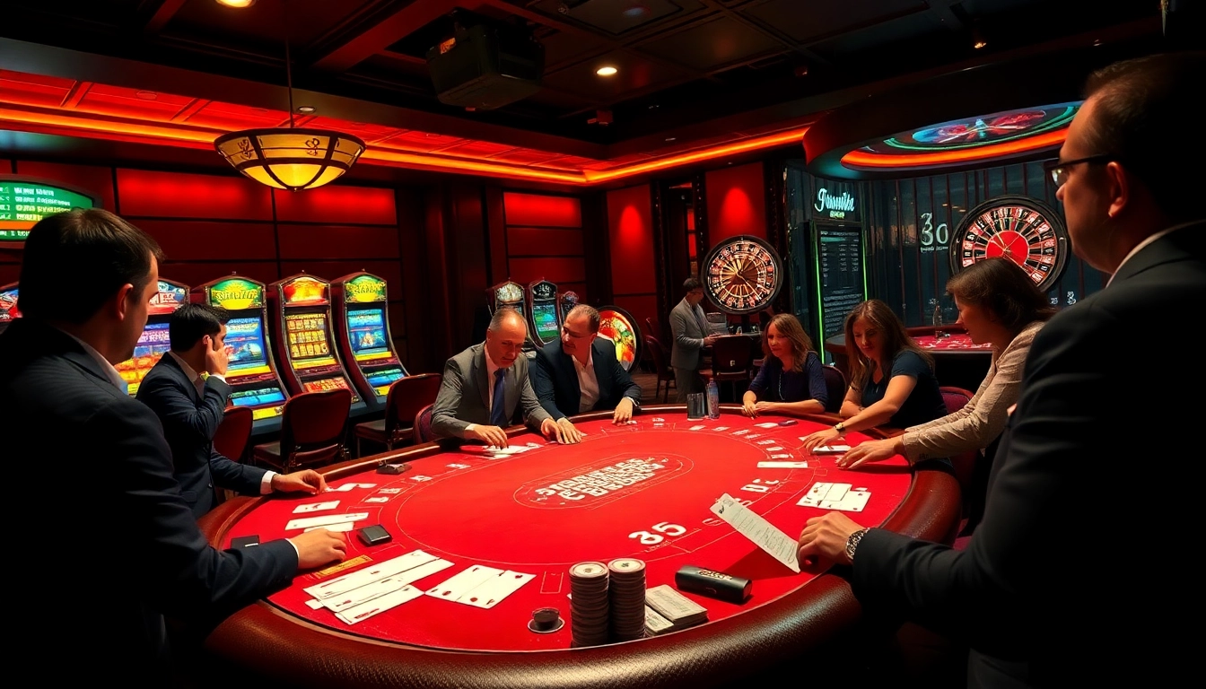 Exciting casino scene with players at five88 poker table and vibrant slot machines.