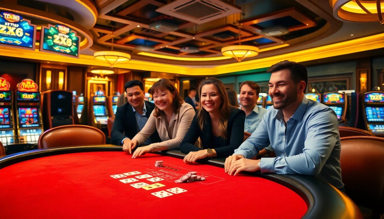 Players enjoying a TX88 poker game at an upscale casino table filled with chips and vibrant cards.