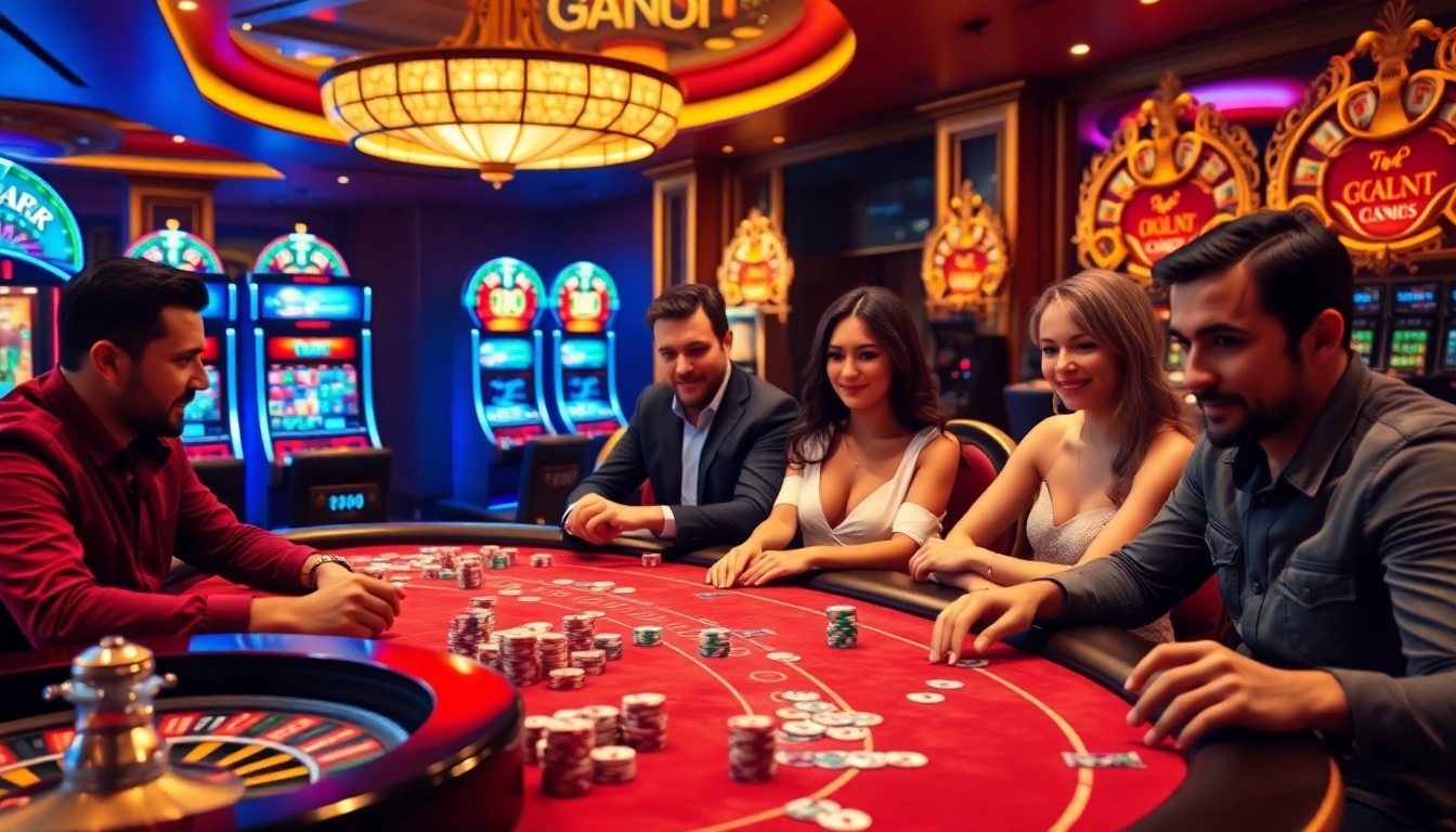 Capture the excitement of bem88 with players at a luxurious casino table, engaging in high-stakes gaming.
