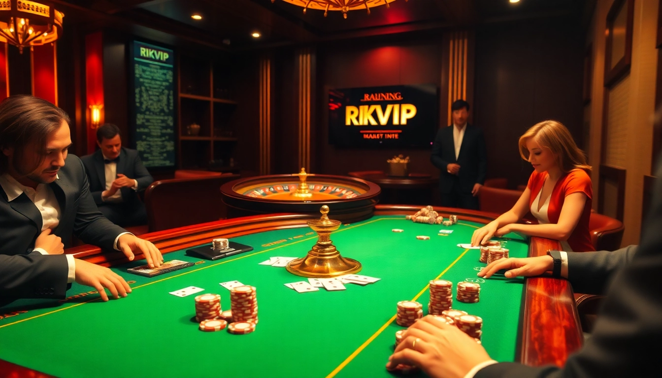Players enjoying high-stakes games at a RIKVIP casino table with vibrant visuals and luxurious ambiance.