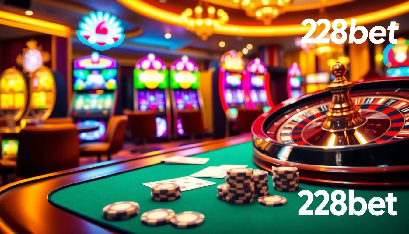 Betting action at 28bet casino featuring lively poker tables and vibrant slot machines.