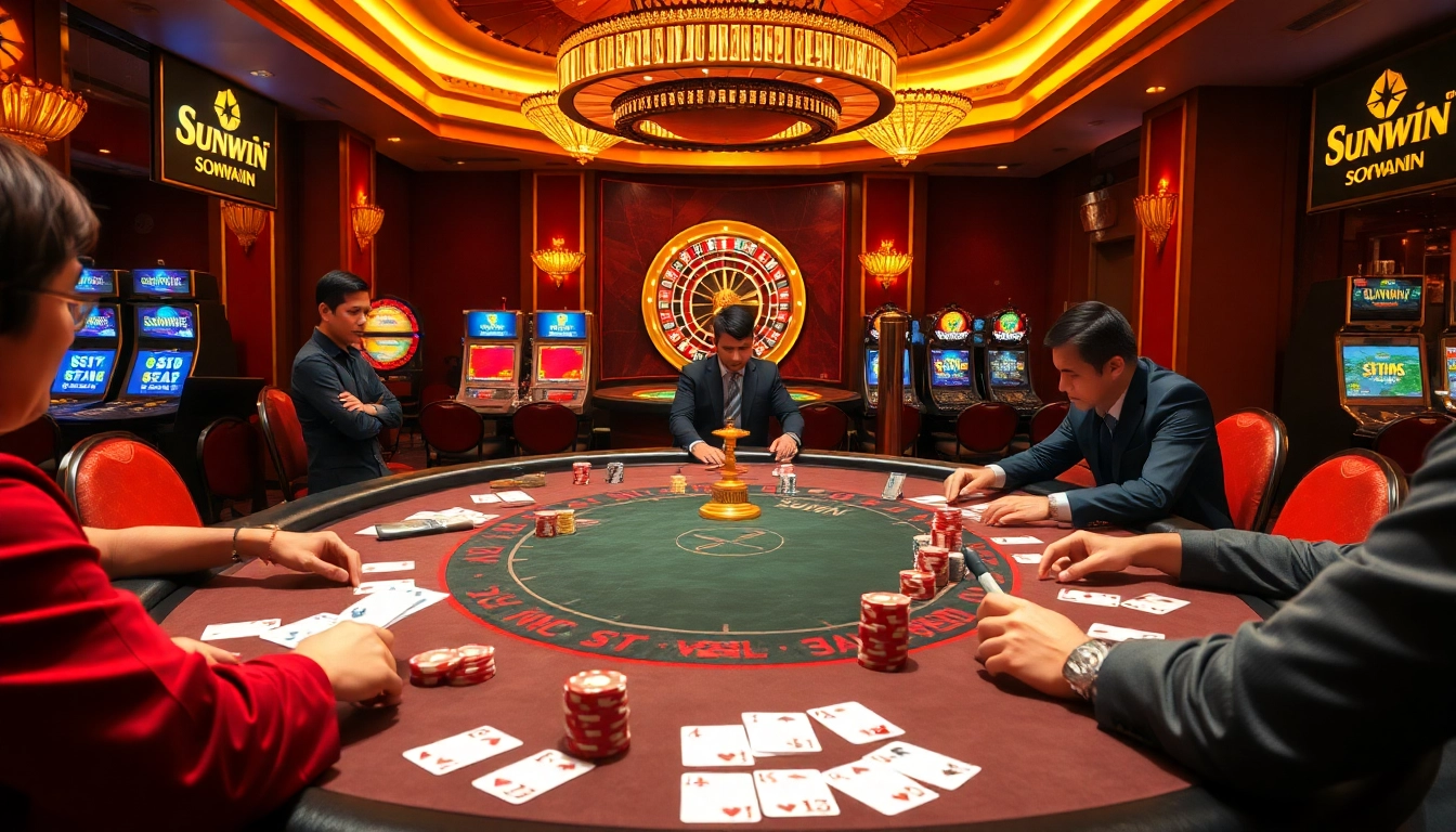 Action-packed casino scene showcasing SUNWIN branded poker and roulette tables.