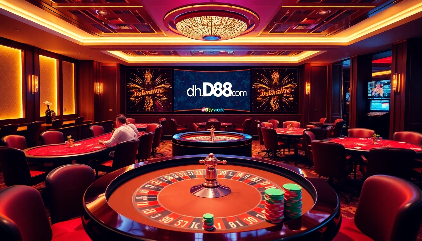 Players enjoying a thrilling poker game at dh88vn.com with colorful poker chips and modern gambling setup.