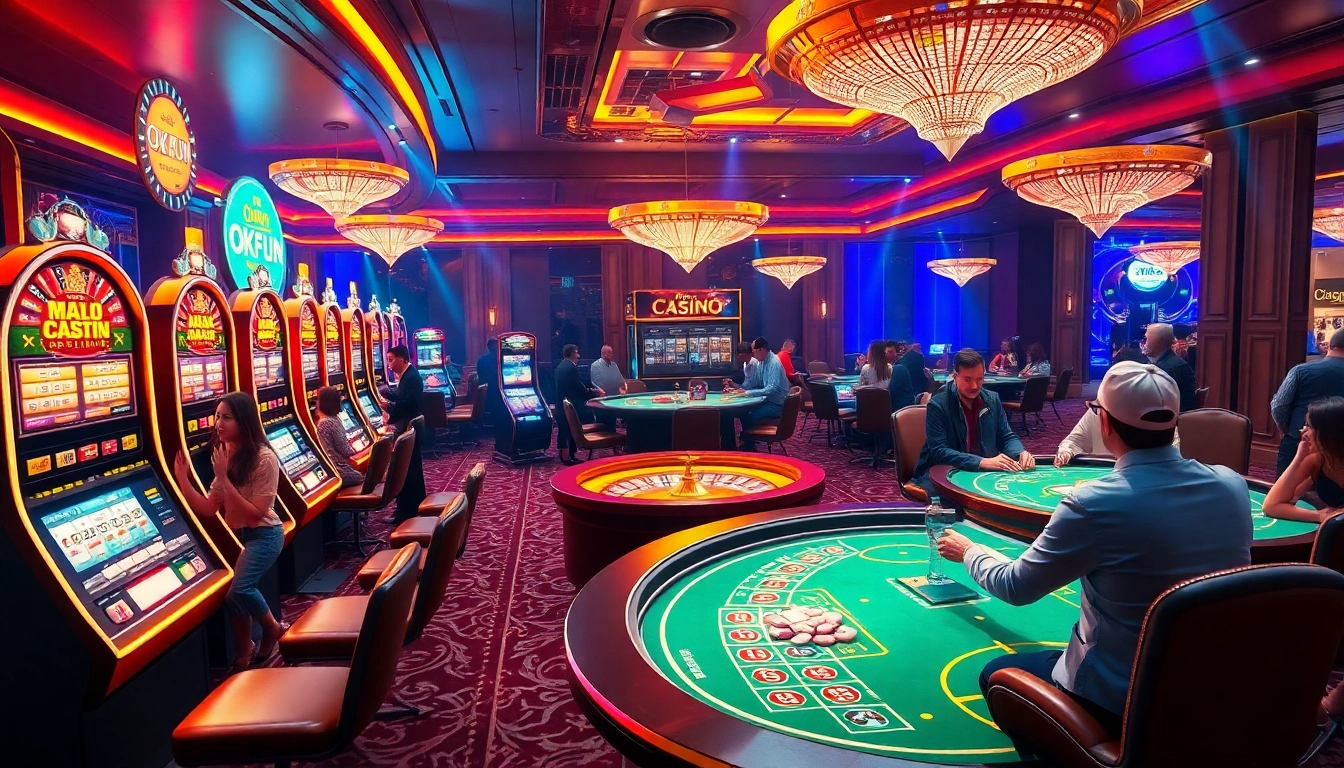 Engaging players enjoying their time at OKFUN casino with vibrant slot machines and thrilling games.