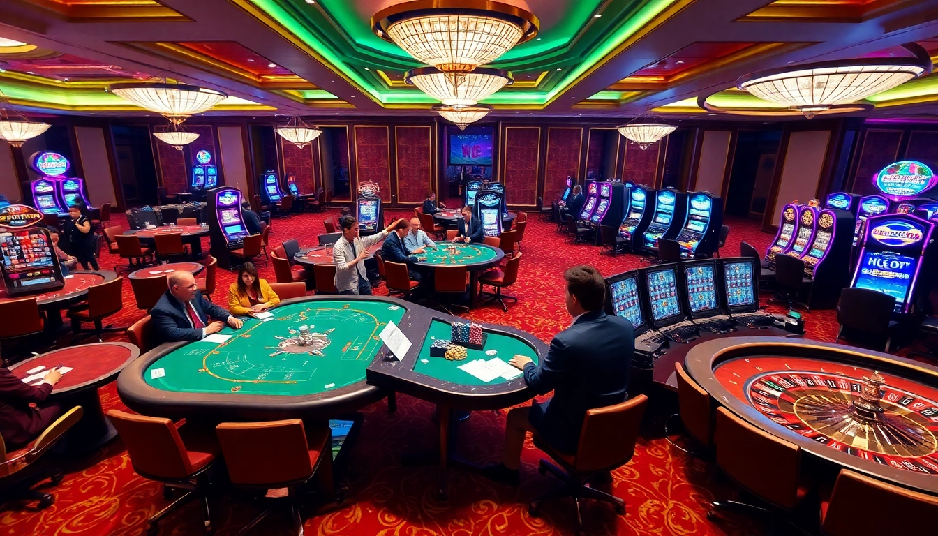 Engaged gamblers enjoying KJC-branded tables and slot machines in a luxurious casino.