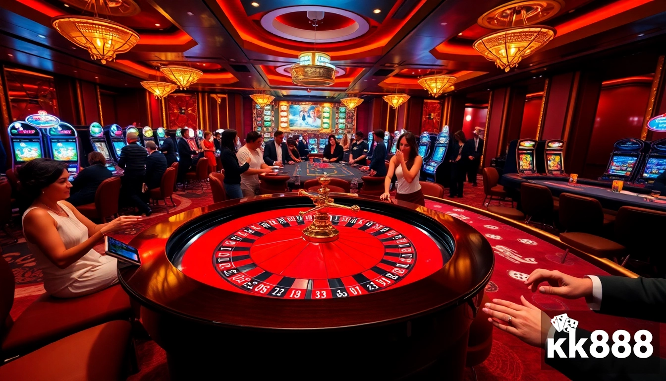 Engaged players enjoying a luxurious nk88-style casino experience at roulette and blackjack tables.